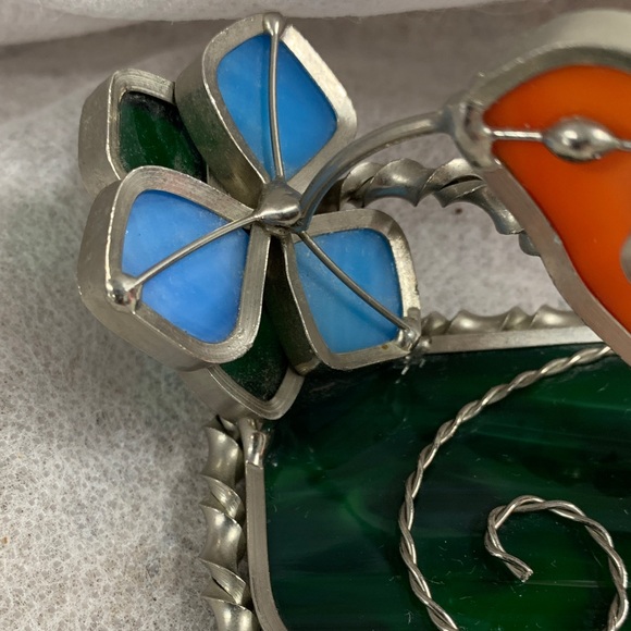 Vintage Stained Glass Hummingbird Figurine Suncatcher Metal With Orange/Green - Picture 4 of 12